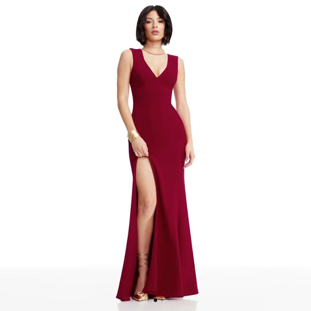 Dress The Population Sandra Gown in Red Sleeveless Plunging Neckline medium